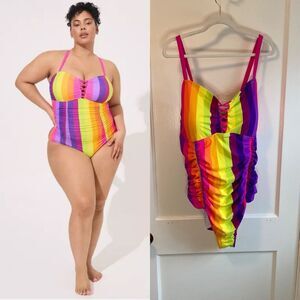 NWT Torrid 4X Slim Fix Wireless Lattice Front One Piece Swimsuit Muted Rainbow